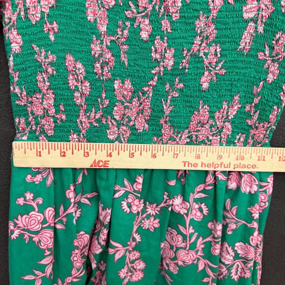 J. Crew Floral Smocked Puff Sleeves Midi Sundress XXS Green Pink Bohemian - Picture 9 of 9